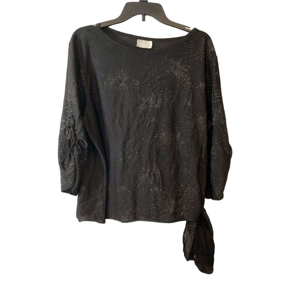 Distinctly Different Black Glitter Star Top, 3/4‎ Sleeve, Side Tie, Looks Large